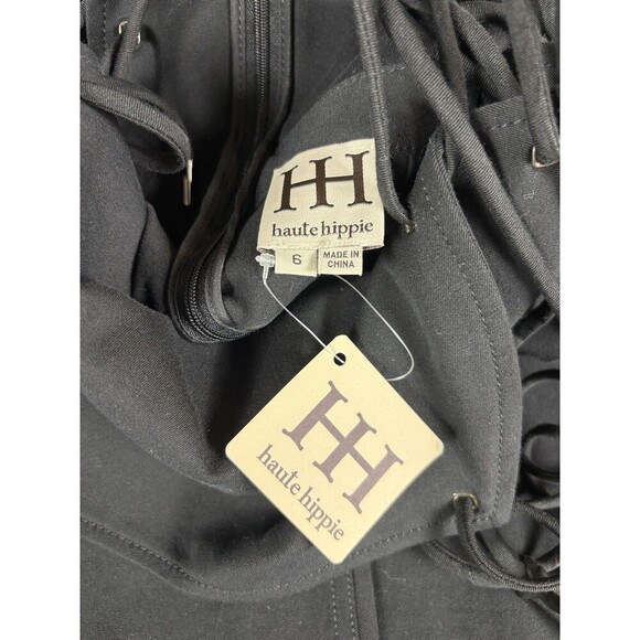 Haute Hippie Formal Jumpsuit Black 6 Wide Leg Lace Up Back Zip Sleeveless Strapp - Picture 4 of 13